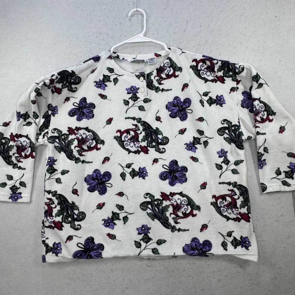 VTG Gitano Knit Pullover Women 20W White Floral Henley LS Cottagecore Cropped - Picture 9 of 11